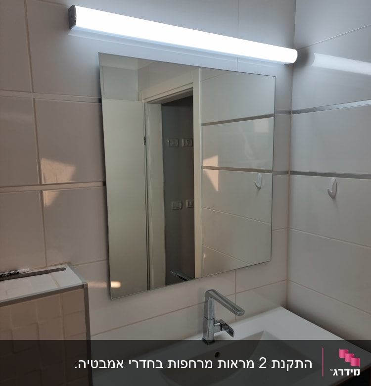 מראה מלבנית עם תאורה עליונה בחדר אמבטיה